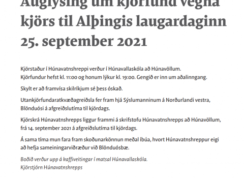 Auglýsing um kjörfund vegna kjörs til Alþingis laugardaginn 25. september 2021